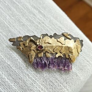 Sterling Silver And Amethyst Artisan Brooch With Garnet